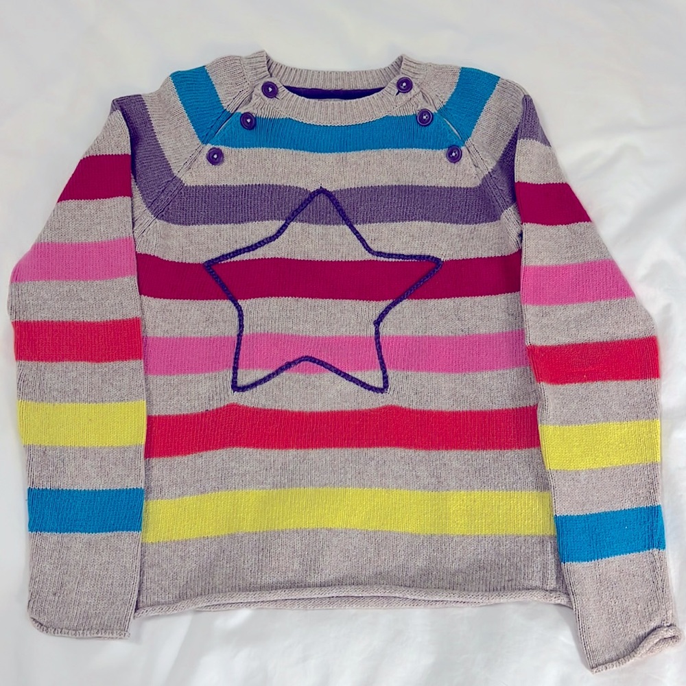 Mini Boden Girls striped sweater with star, grey, multi color design, size 11-12